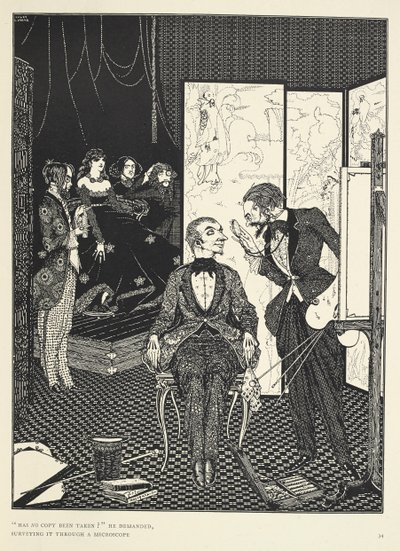 "Eikö kopiota ole otettu?" hän kysyi tutkien sitä mikroskoopilla. Kuvitus tarinalle "Paholainen kellotapulissa". tekijältä Harry Clarke