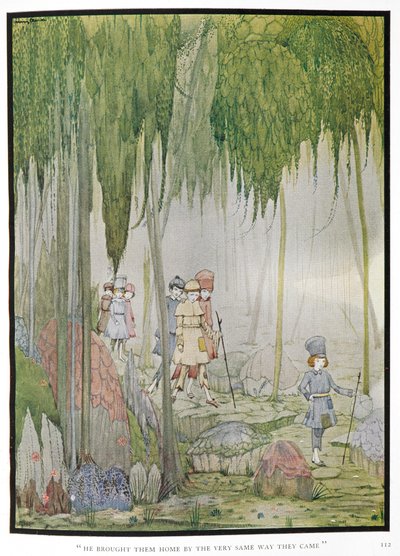 "Hän toi heidät kotiin samaa tietä kuin he tulivat." Tarinan kuvitus, "pieni peukalo". Lapset metsässä. tekijältä Harry Clarke