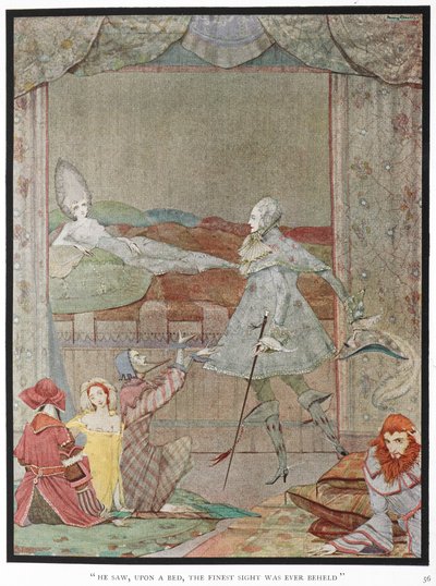 "Hän näki sängyssä hienoimman näkyn, joka oli koskaan nähty." Prinssi näkemässä prinsessan "Sleeping Beauty" hänen sängyssään. tekijältä Harry Clarke