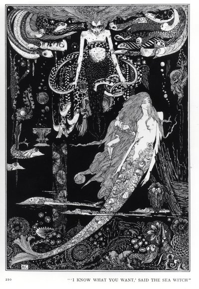"Tiedän mitä haluat", sanoi merinita, kuvitus Hans Christian Andersenin (1805-1875), n. 1910, "Pieni merenneito" satuista. tekijältä Harry Clarke