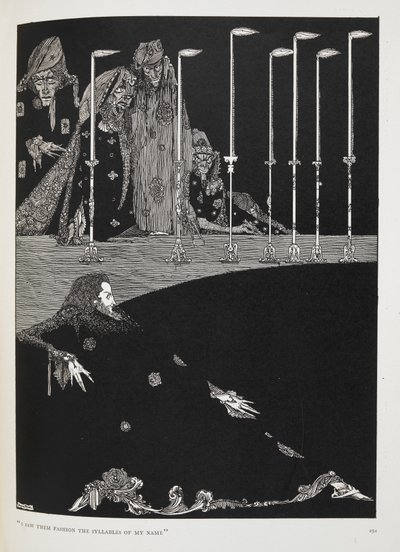 "Näin heidän muovaavan nimeni tavuja." Tarinan kuvitus "kuoppa ja heiluri". tekijältä Harry Clarke
