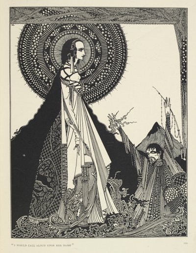 "Haluaisin ääneen hänen nimeään." Kuvitus Ligeiasta, novelli. "Ligeia" on Edgar Allan Poen novelli. Tarina seuraa nimeämätöntä kertojaa ja hänen vaimoaan Ligeiaa, kaunista ja älykästä korppitukkaista naista. Hän sairastuu, säveltää "Th tekijältä Harry Clarke