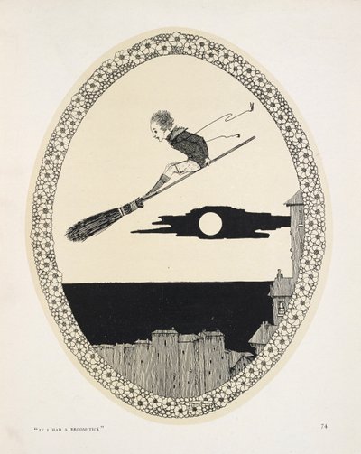 "Jos minulla olisi luudanvarsi". Kuvitus Patrick R. Chalmersin runolle. Poika luudanvarrella tekijältä Harry Clarke