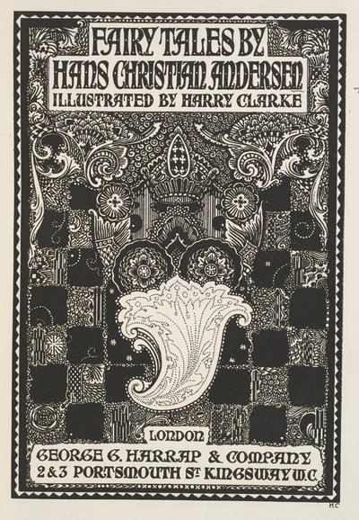 Kuvitettu otsikkosivu, symboleilla ja neliöillä. tekijältä Harry Clarke