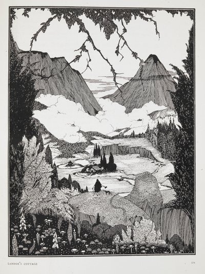 Kuvitus tarinaan "Landorin mökki". Vuoristoinen maisema. tekijältä Harry Clarke