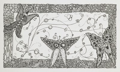 Kuvitus tarinalle Riquet tupsulla. Perhosmalli. tekijältä Harry Clarke