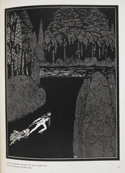 Hänen vaivalloisella matkallaan veteen hänen pelkonsa kaksinkertaistuvat hänen kanssaan. Kuvitus tarinalle "Marie Rogetin mysteeri". tekijältä Harry Clarke