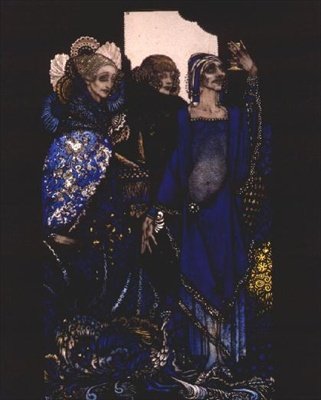 "Queens jotka tuhlaat idän valtakirjalla..." Harry Clarken kuvitus J.M. Syngen "Queensiin" tekijältä Harry Clarke