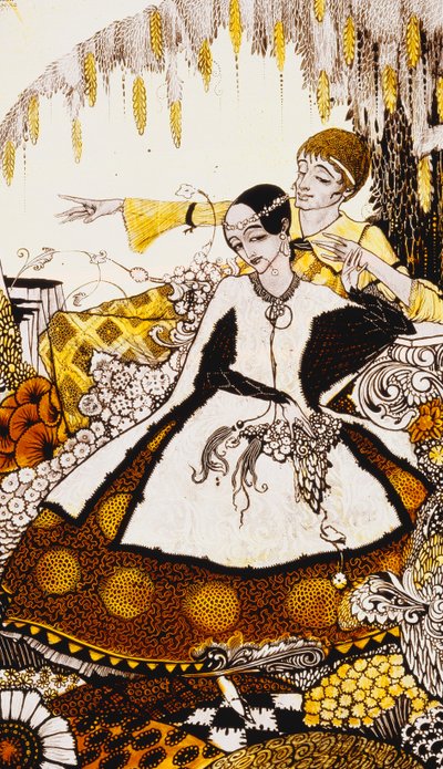 Seitsemän koirapäivää annamme kulua ja nimettiin Queens in Glenmacnass". "Queens", yhdeksän lasipaneelia hapotettu, petsattu ja maalattu, kuvitus J.M. Syngen runo, 1917 tekijältä Harry Clarke