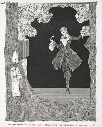 "Hän jätti jälkeensä yhden lasitossuistaan, jonka prinssi otti kaikkein huolellisimmin." Tarinan kuvitus, Tuhkimo tai Pieni lasitossu. tekijältä Harry Clarke