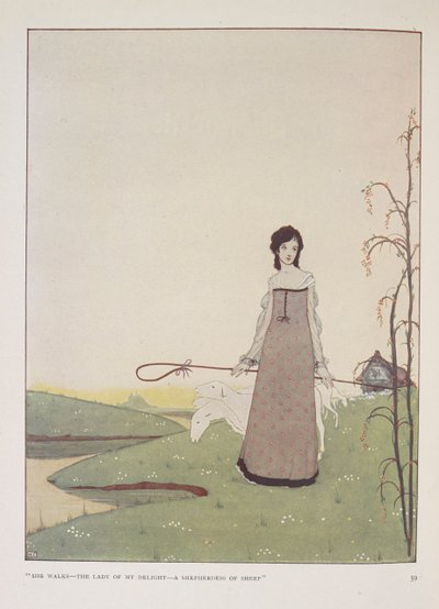 "Hän kävelee - iloni rouva - lampaiden paimen." Alice Meynellin kuvitus paimentyttärelle. tekijältä Harry Clarke