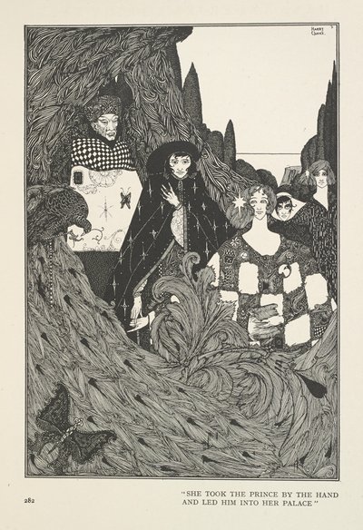 Paratiisin puutarha. Hän otti prinssin kädestä ja vei tämän palatsiinsa. tekijältä Harry Clarke