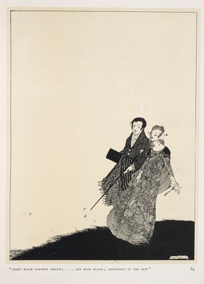 Suuri rakastaja. "Kostea musta savimuotti;... ja korkeat paikat; jalanjäljet kasteessa" tekijältä Harry Clarke