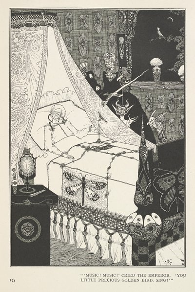 Nightingale. "Musiikkia! Musiikkia!" huusi keisari. "Sinä pieni kallis kultainen lintu, laula!" tekijältä Harry Clarke
