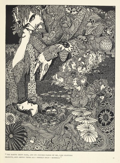 "Maa tummui, ja sen hahmot kulkivat ohitseni kuin lentävät varjot... Morella." Kuvitus tarinalle "Morella". tekijältä Harry Clarke