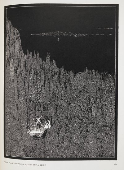 Ylöspäin välähti hehku ja häikäisy. Kuvitus novellelle, "kultavika". tekijältä Harry Clarke