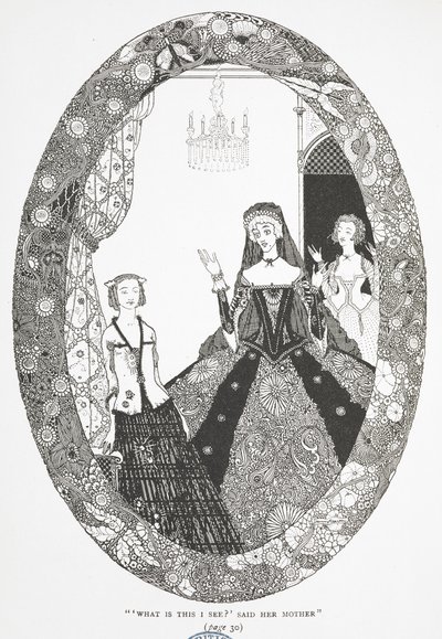 "Mitä tämä on, minä näen?" sanoi hänen äitinsä." Kuvitus tarinalle "keiju". tekijältä Harry Clarke