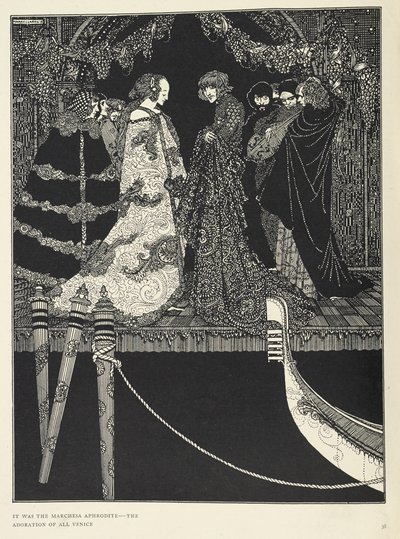 "Se oli Marchesa Aphrodite - koko Venetsian palvonta". Kuvitus tarinalle "tehtävä". tekijältä Harry Clarke