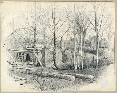 Piirros, Gainesin myllyn nykyinen näkymä itään päin, 1885. tekijältä Harry Fenn