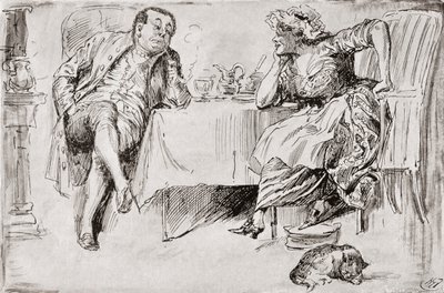 Clemency ja Britannia. "Te ette koskaan mene naimisiin, tiedäthän", sanoi herra Britain. "Etkö kuitenkaan usko, että tulen koskaan?" sanoi Clemency. "Ei ole mahdollista!" "Ajattele vain!" sanoi Clemency. "No! Oletan, että tarkoitat Britanniaa, jonakin näis tekijältä Harry Furniss