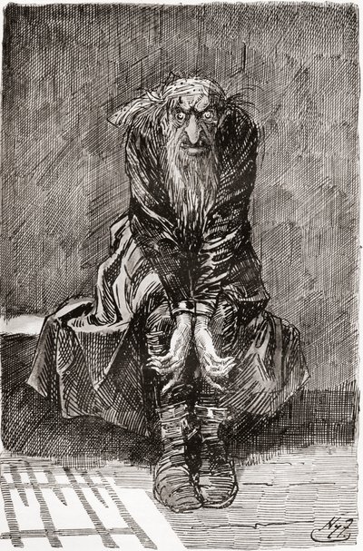 Fagin tuomitun sellissä. "Hän istuutui kivipenkille vastapäätä ovea, joka palveli istuinta ja sänkyä, ja heitti veriset silmänsä pellolle ja yritti kerätä ajatuksiaan." Harry Furnissin kuvitus Charles Dickensin romaanille tekijältä Harry Furniss