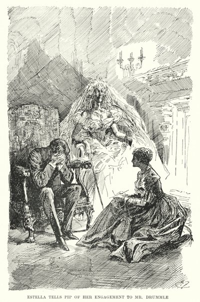 Charles Dickensin kuvitus suurille odotuksille (litho) tekijältä Harry Furniss