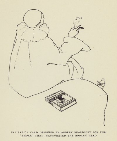 Aubrey Beardsleyn suunnittelema kutsukortti Bodley Headin vihkiäiselle Smokelle tekijältä Harry Furniss