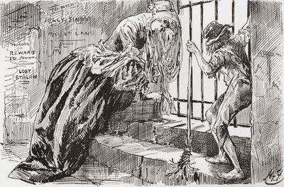 Lady Dedlock ja Jo. "Hänet laitettiin sinne", Jo sanoo pitäen kiinni tangoista ja katsoen sisään, kun taas Lady Dedlock kutistuu nurkkaan. Harry Furnissin kuvitus Charles Dickensin romaanille Bleak House, The Testimonial Editionista, julkaistu 1910. tekijältä Harry Furniss
