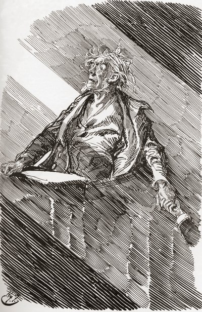 Magwitch sob sentença de morte. "Um amplo feixe de luz entrou pelas grandes janelas do pátio. Erguendo-se por um momento, uma mancha distinta de rosto neste raio de luz, o prisioneiro disse: "Meu Senhor, recebi minha sentença de morte do Todo-Poderoso finl tekijältä Harry Furniss