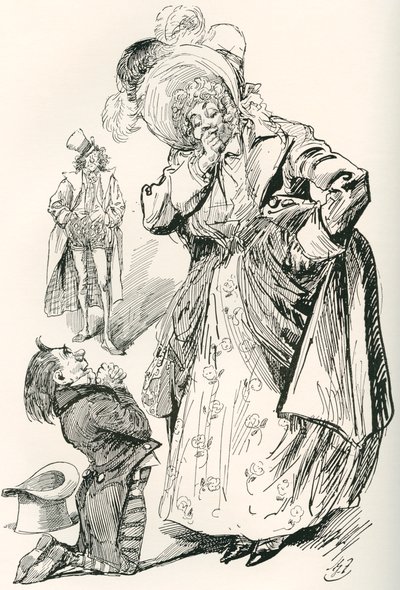 Majuri Tpschoffki. Harry Furnissin kuvitus Charles Dickensin joulutarinalle Going Into Society, The Testimonial Editionista, julkaistu 1910. tekijältä Harry Furniss