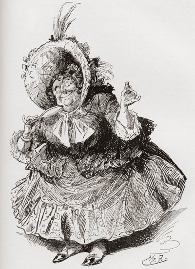 Neiti Mowcher. Harry Furnissin kuvitus Charles Dickensin romaanille David Copperfield, The Testimonial Editionista, julkaistu 1910. tekijältä Harry Furniss