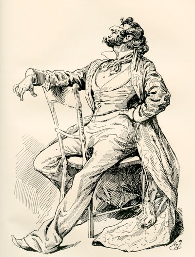 Herra Alfred Mantalini. Harry Furnissin kuvitus Charles Dickensin romaanille Nicholas Nickleby, The Testimonial Edition, julkaistu 1910. tekijältä Harry Furniss