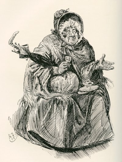 Rouva Gamp. Harry Furnissin kuvitus Charles Dickensin romaanille Martin Chuzzlewit The Testimonial Editionista, julkaistu 1910. tekijältä Harry Furniss