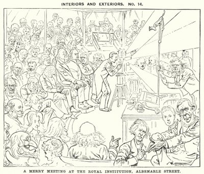 Punch-sarjakuva: Iloinen tapaaminen Royal Institutionissa, Albemarle Street, Lontoo (kaiverrus) tekijältä Harry Furniss
