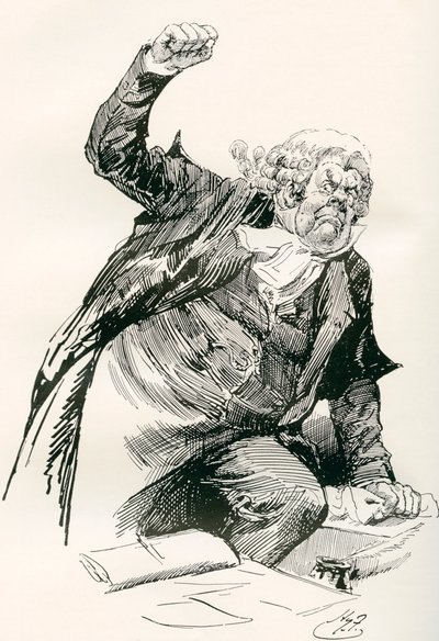 Kersantti Buzfuz. Harry Furnissin kuvitus Charles Dickensin romaanille The Pickwick Papers, The Testimonial Editionista, julkaistu vuonna 1910. tekijältä Harry Furniss
