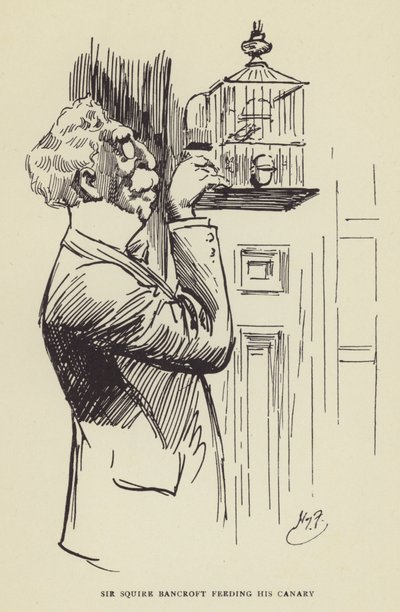 Sir Squire Bancroft ruokkimassa kanarialintuaan tekijältä Harry Furniss