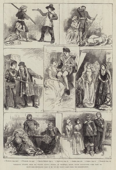 Tableaux Vivants Sir Walter Scottin romaaneista Cromwell Housessa, South Kensingtonissa tekijältä Harry Furniss