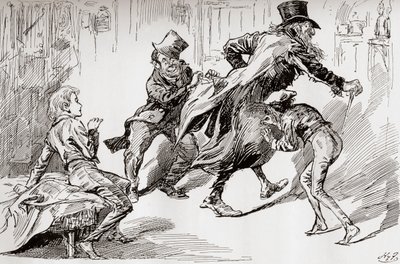 Varkaiden keittiö. Oliverille näytetään, miten se tehdään, kuvitus Charles Dickensin teoksesta "Oliver Twist", The Testimonial Edition, julkaistu 1910. tekijältä Harry Furniss