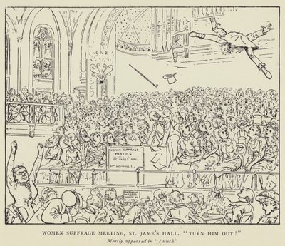 Naisten äänioikeuskokous, St James Hall, käännä hänet ulos! tekijältä Harry Furniss