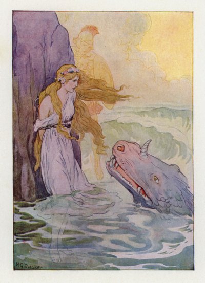 Andromeda ja hirviö (värilitografia) tekijältä Harry George Theaker