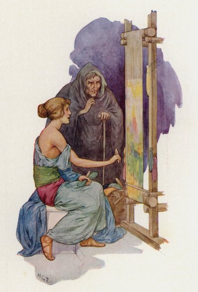 Arachne on muuttumassa hämähäkiksi naamioituneen Minervan toimesta (värilitografia). tekijältä Harry George Theaker