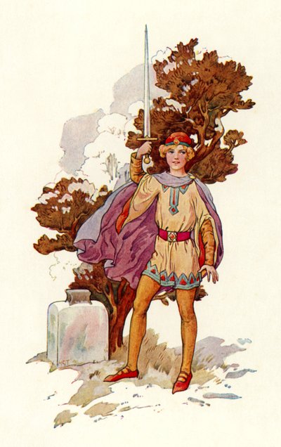 Arthur ja Escalibur (värilitografia) tekijältä Harry George Theaker