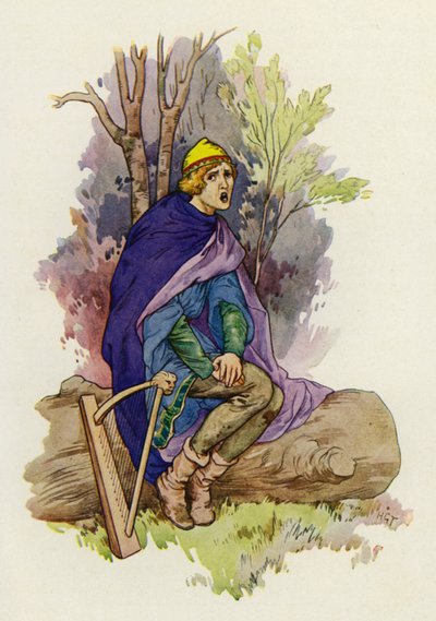 Istuessaan nuorukainen lauloi surumielisen laulun (väriliitossa). tekijältä Harry George Theaker