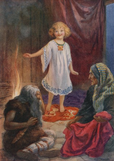 Aslaug, Aki ja Grima, elokuvasta "Ragnar Lodbrog" (värilitografia). tekijältä Harry George Theaker
