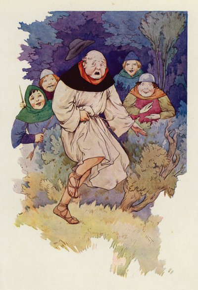 Kun nuolenkärki kosketti ensimmäisen kerran hänen kaapunsa läpi, apotti hyppäsi ilmaan kiljahtaen (värilitografia). tekijältä Harry George Theaker