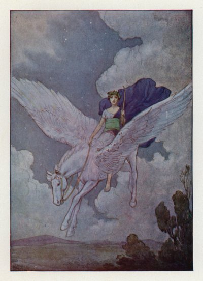 Bellerophon ja hänen hopeasiipinen hevosensa (värilitografia) tekijältä Harry George Theaker