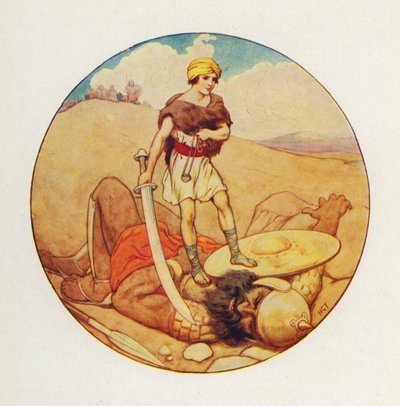 Daavid tarttui jättiläisen omaan miekkaan ja katkaisi Goljatin pään (värilitografia). tekijältä Harry George Theaker