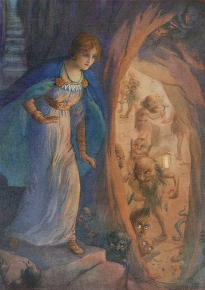 Freyja kääpiöiden luolassa, sarjasta "Freyjan kaulakoru" (värilitografia) tekijältä Harry George Theaker