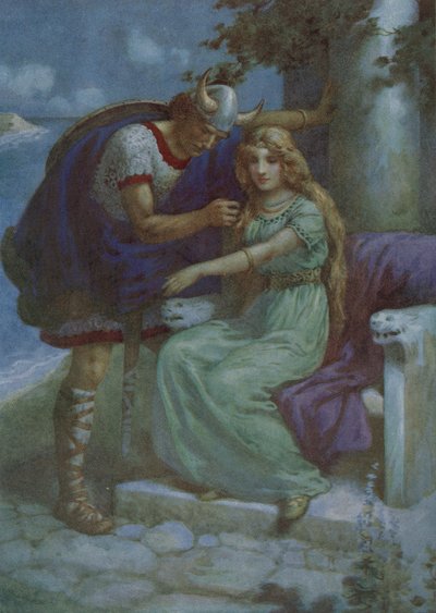 Frithiof ja Ingeborg, elokuvasta "Kuningas Ringin puku" (värilitografia). tekijältä Harry George Theaker