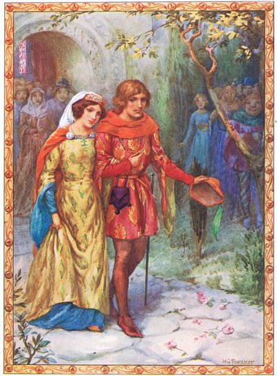 Hän meni naimisiin ylhäissyntyisen naisen kanssa (elokuvasta The Story of Gamelyn) (värilitografia). tekijältä Harry George Theaker